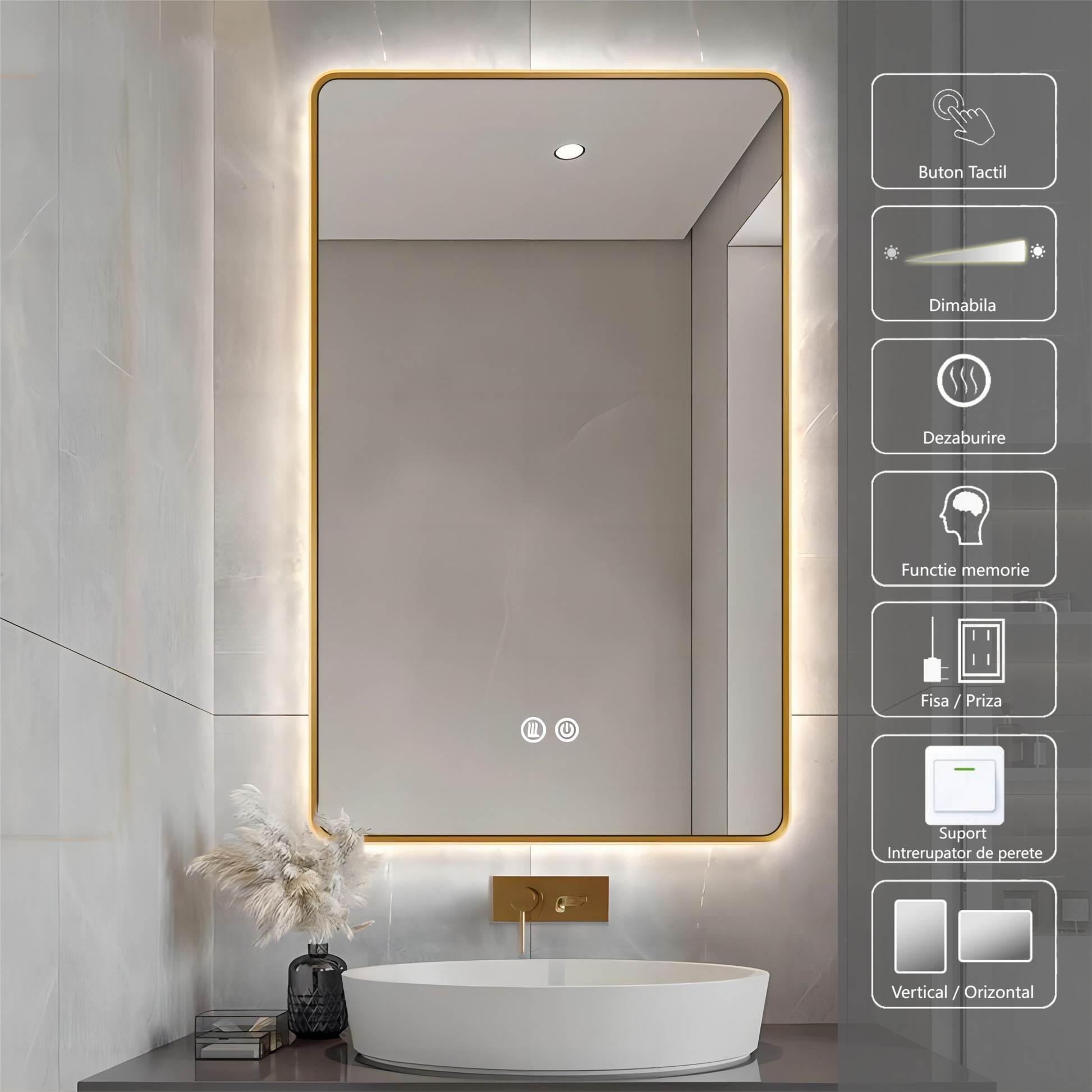 LED огледало 60x80cm Златиста рамка, 3 вида светлина, против замъгляване и Touch OD041/GD
