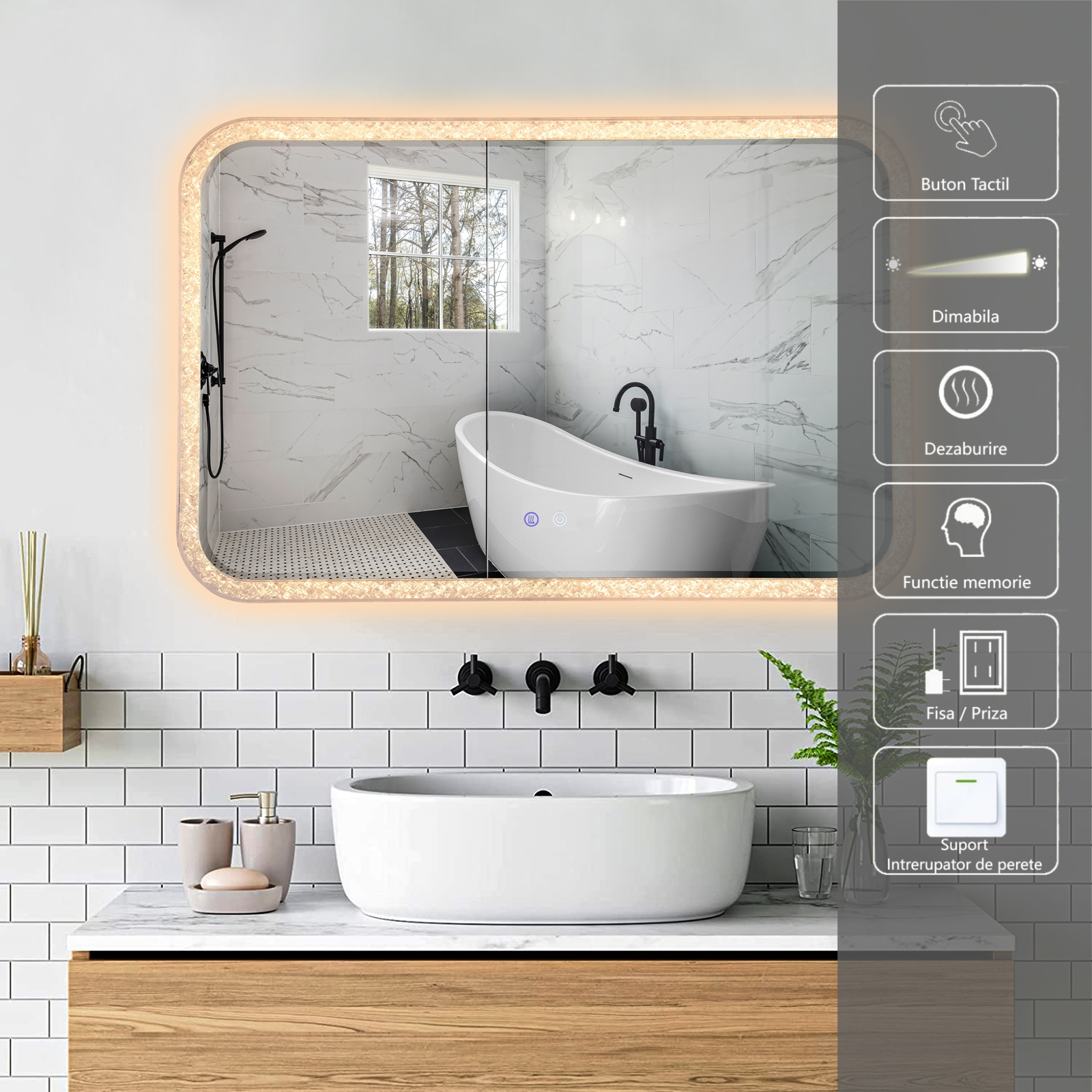 LED огледало 98x65cm, 3 вида светлина, против запотяване и Touch OD052