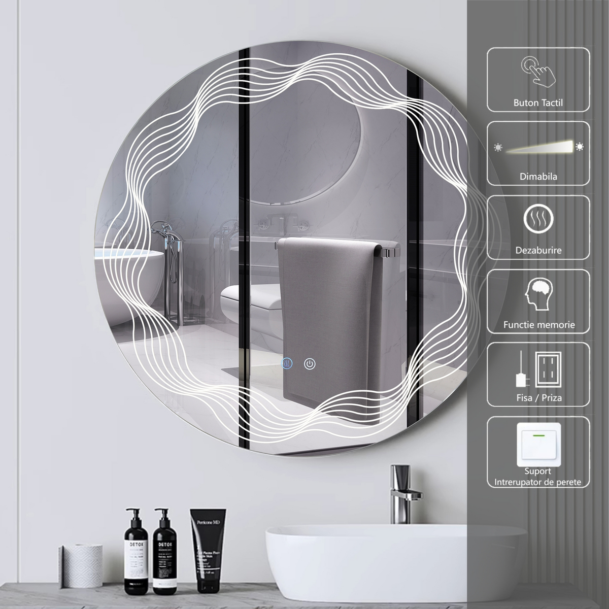 Oglinda Led Rotunda 70Cm 3 Lumini Dezaburire Si Touch Od060-5 Mirror