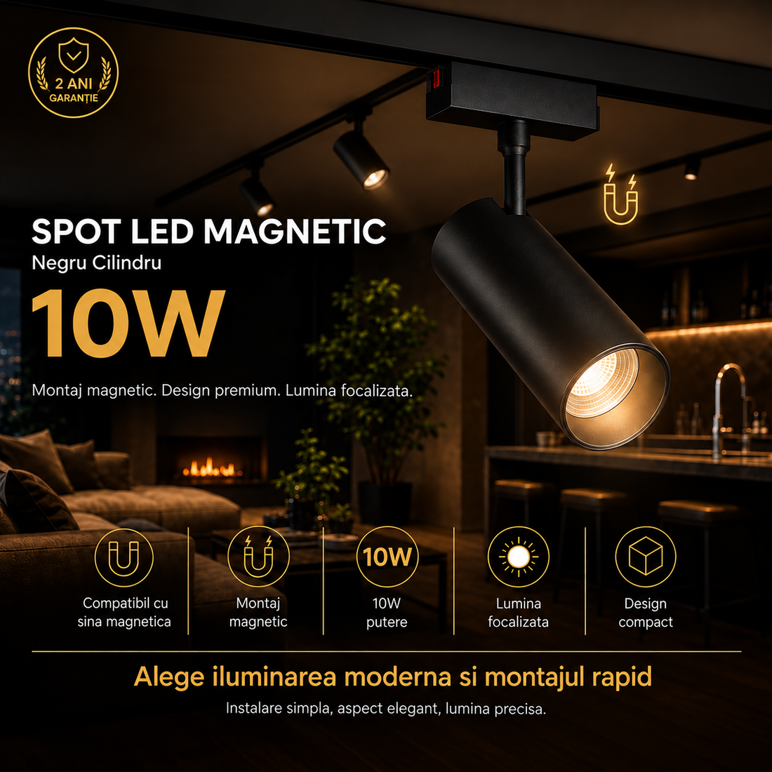 LED спот 10W магнитен черен цилиндър