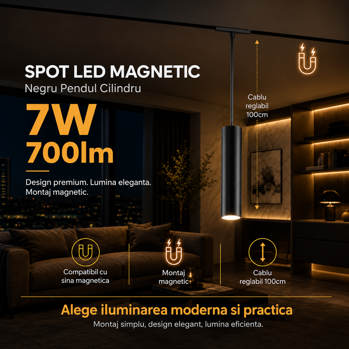 LED спот 7W магнитен пендел черен цилиндър