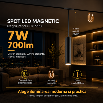LED спот 7W магнитен пендел черен цилиндър