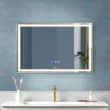 LED огледало 80x60cm сребриста рамка, сензор, против запотяване, 3 вида светлина, температура и часовник W02