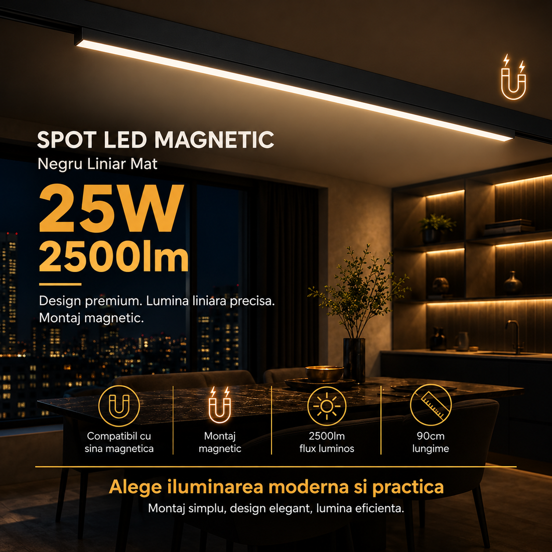 LED спот 25W 90cm магнитен линеен матов черен