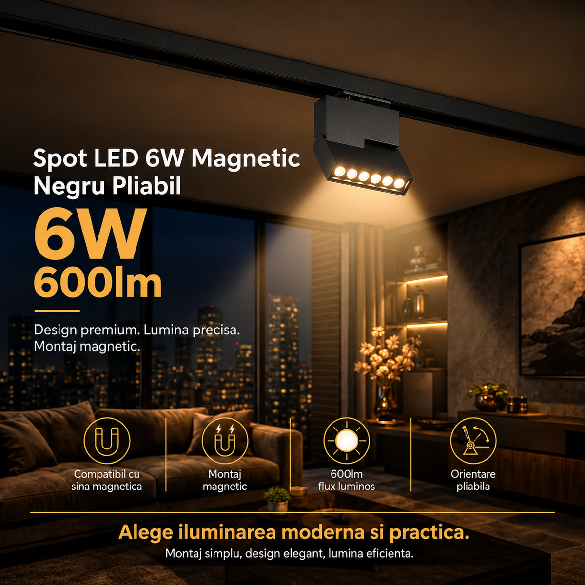 LED спот 6W магнитен черен, сгъваем