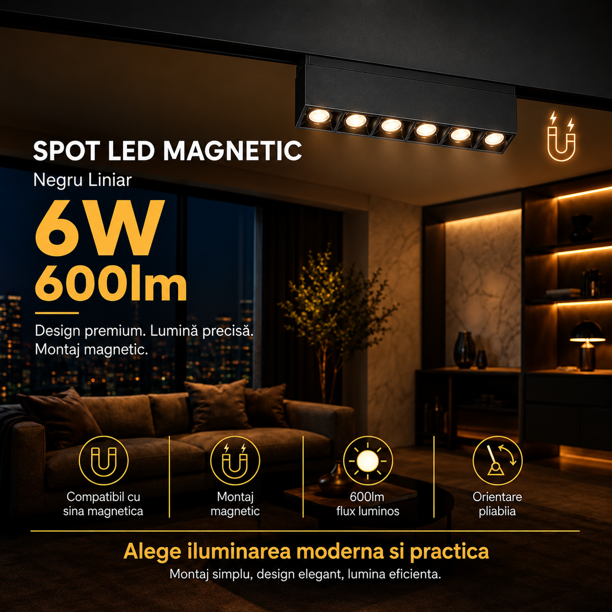 LED спот 6W магнитен линеен черен