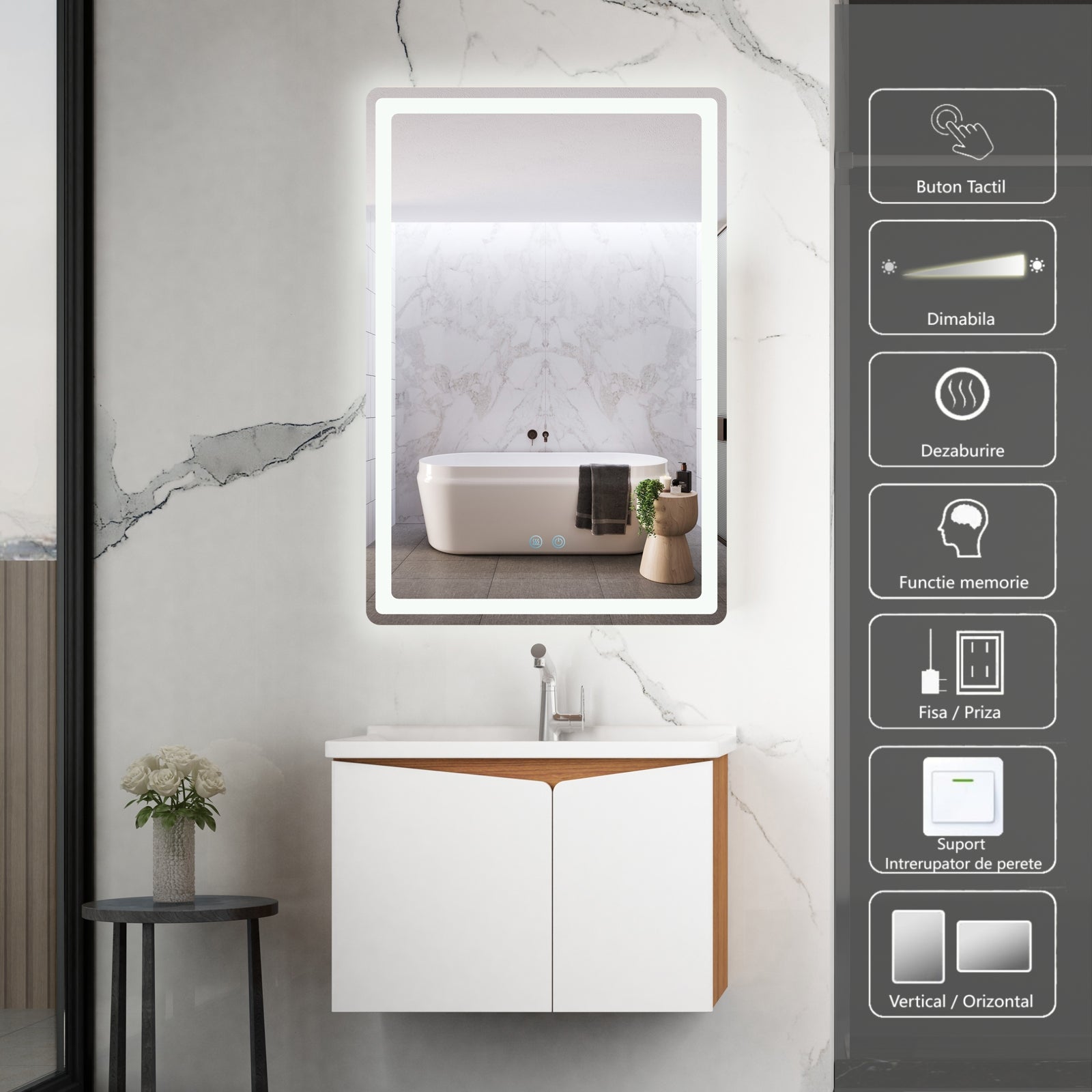 LED огледало 60x90cm, 3 вида светлина, против запотяване и Touch OD057