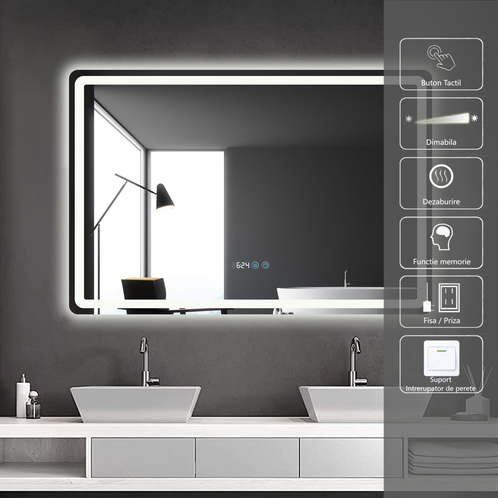 Oglinda Led 120X80Cm Dezaburire Ceas Temperatura Touch Si 3 Lumini Od058 Mirror