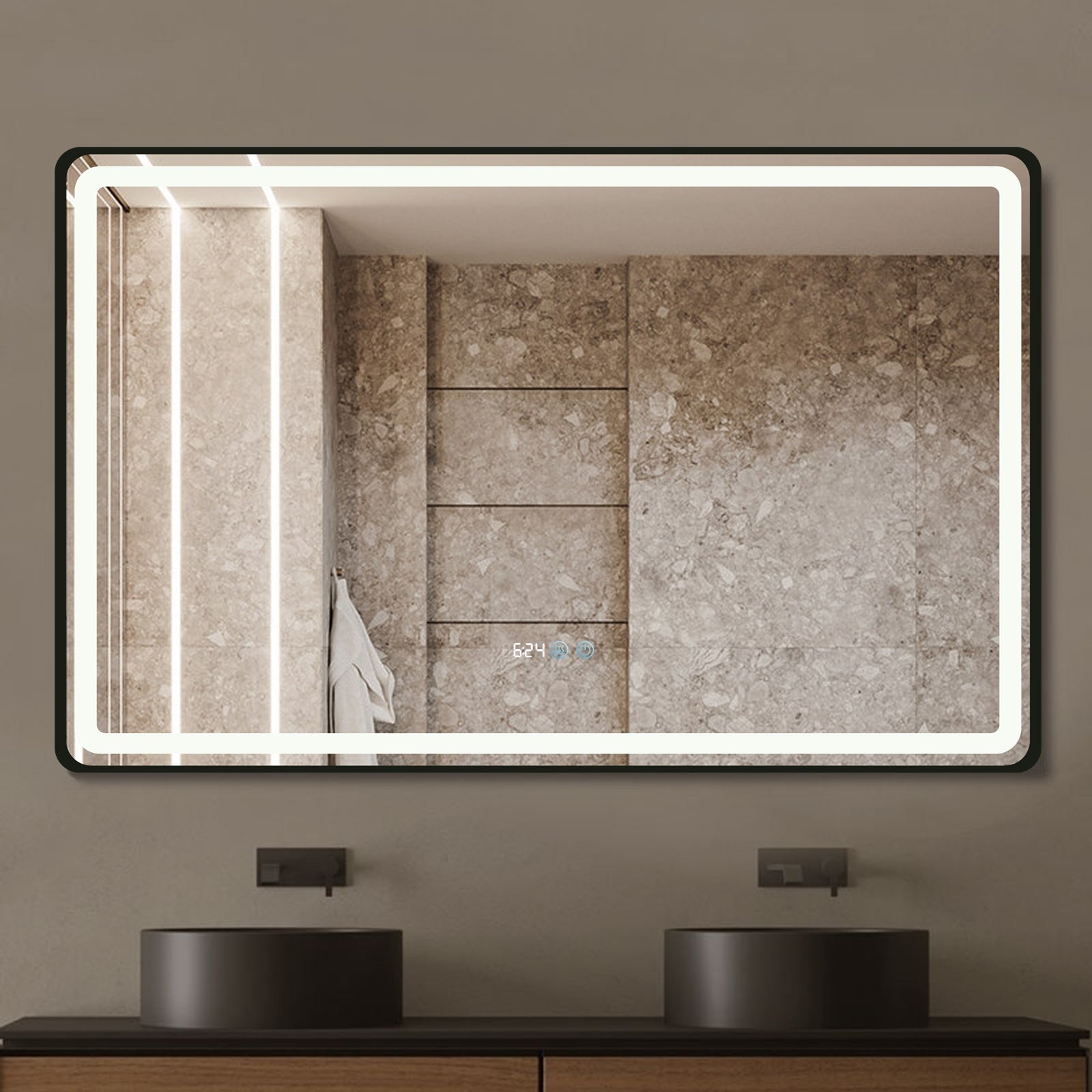 LED огледало 110x70cm черна рамка, против запотяване, часовник, температура, тъч и 3 вида светлина OD058/BK