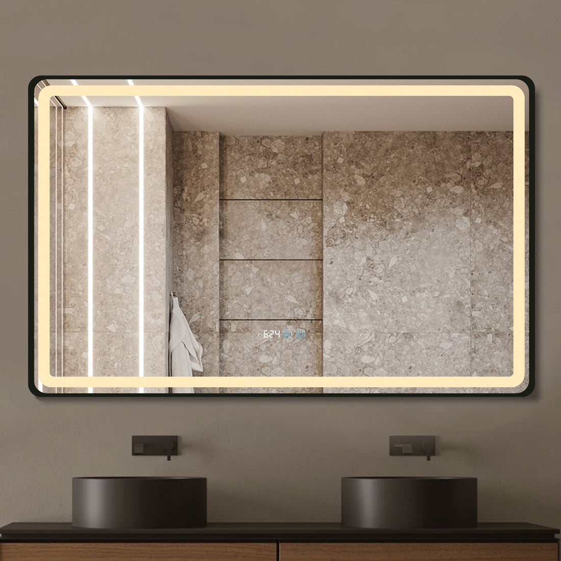 LED огледало 110x70cm черна рамка, против запотяване, часовник, температура, тъч и 3 вида светлина OD058/BK