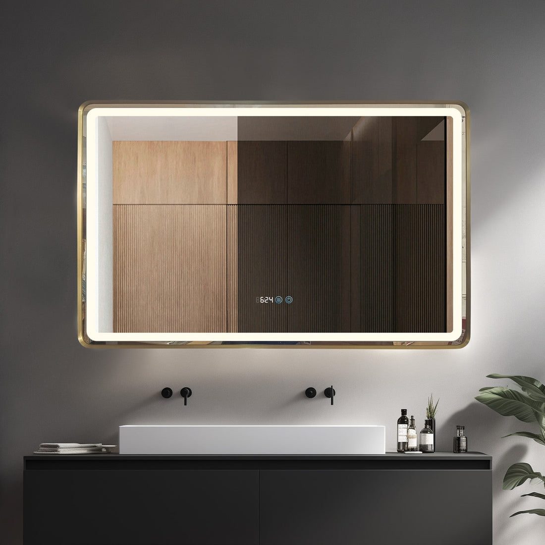 LED огледало 110x70cm Златиста рамка, против замъгляване, часовник, температура, тъч и 3 вида светлина OD058/GD