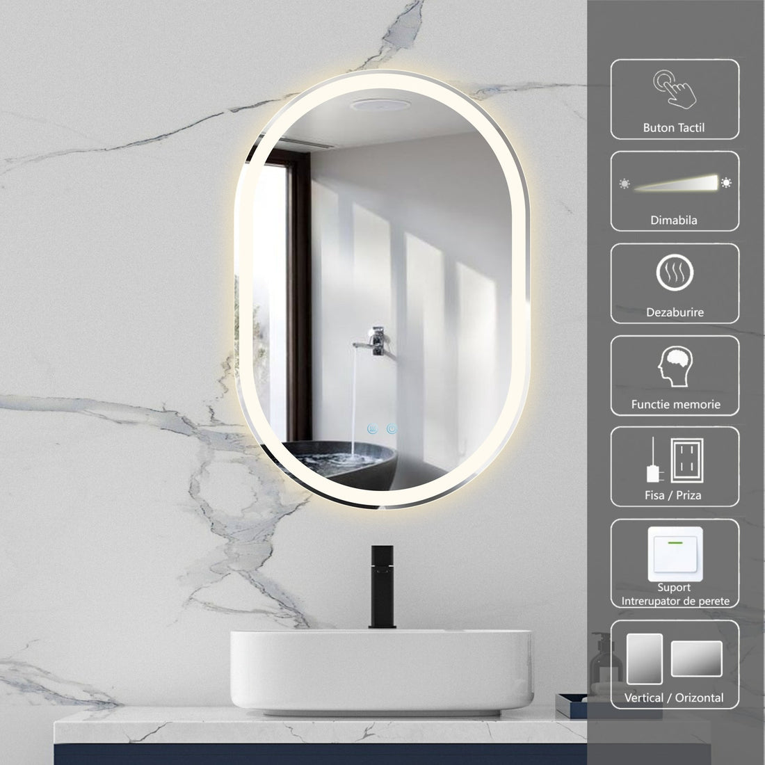 Oglinda Led Ovala 60X90Cm 3 Lumini Dezaburire Si Touch Od061 Mirror