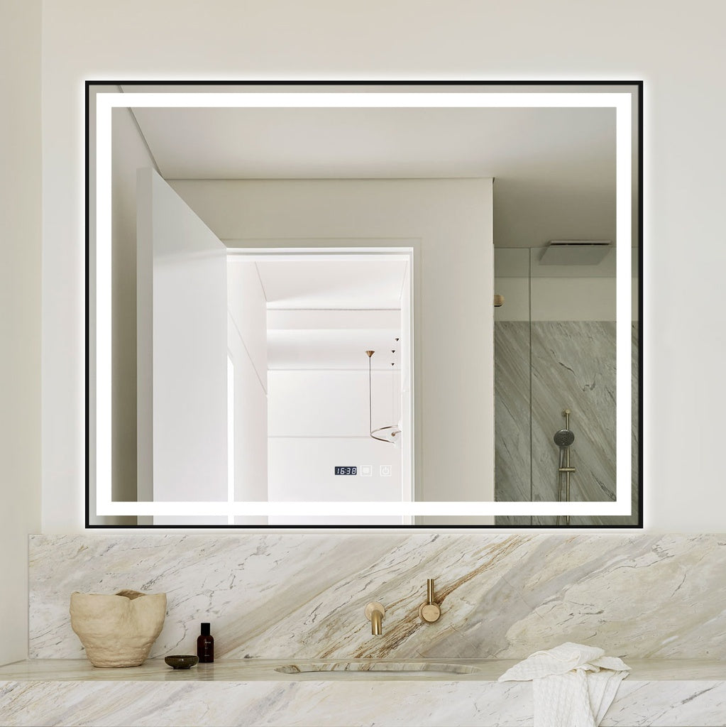 LED огледало 100x80cm с черна рамка, функция против замъгляване, Touch и часовник J42
