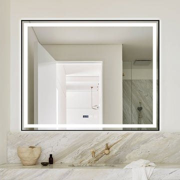 LED огледало 100x80cm с черна рамка, функция против замъгляване, Touch и часовник J42