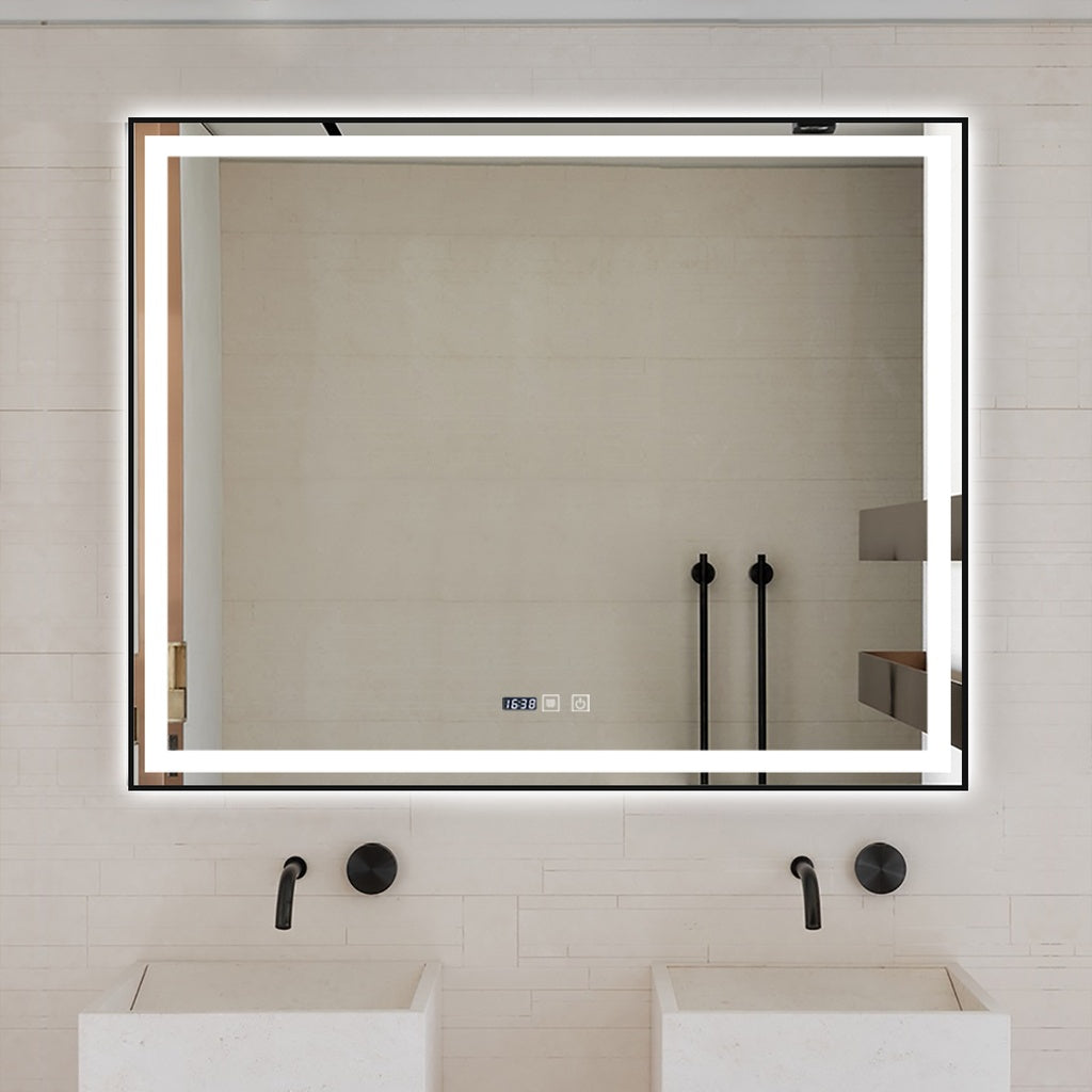 LED огледало 100x80cm с черна рамка, функция против замъгляване, Touch и часовник J42