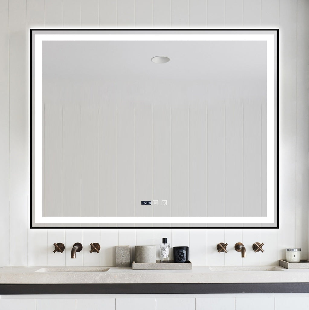 LED огледало 100x80cm с черна рамка, функция против замъгляване, Touch и часовник J42