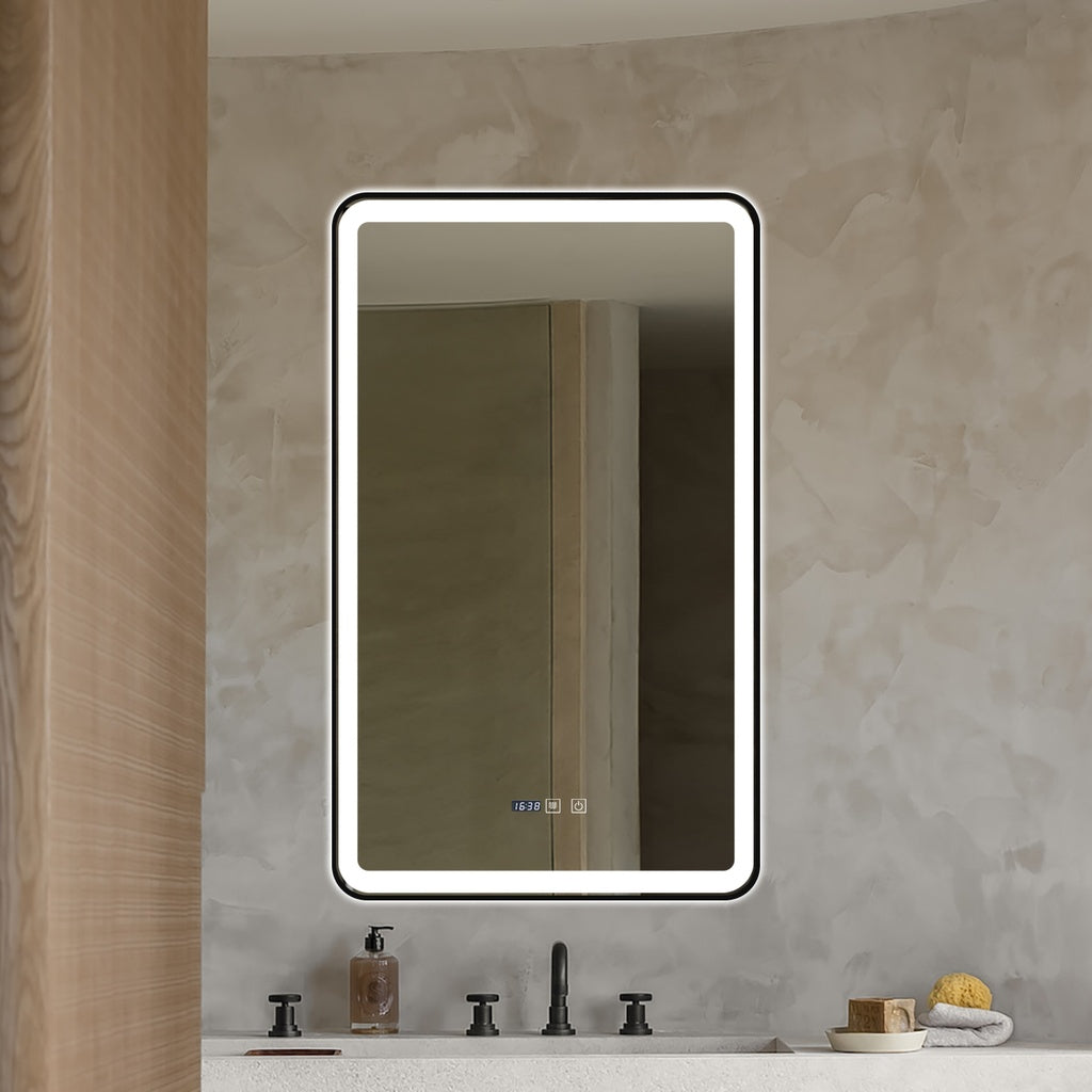 LED огледало 60x100cm с черна рамка, функция против замъгляване, Touch и часовник J38