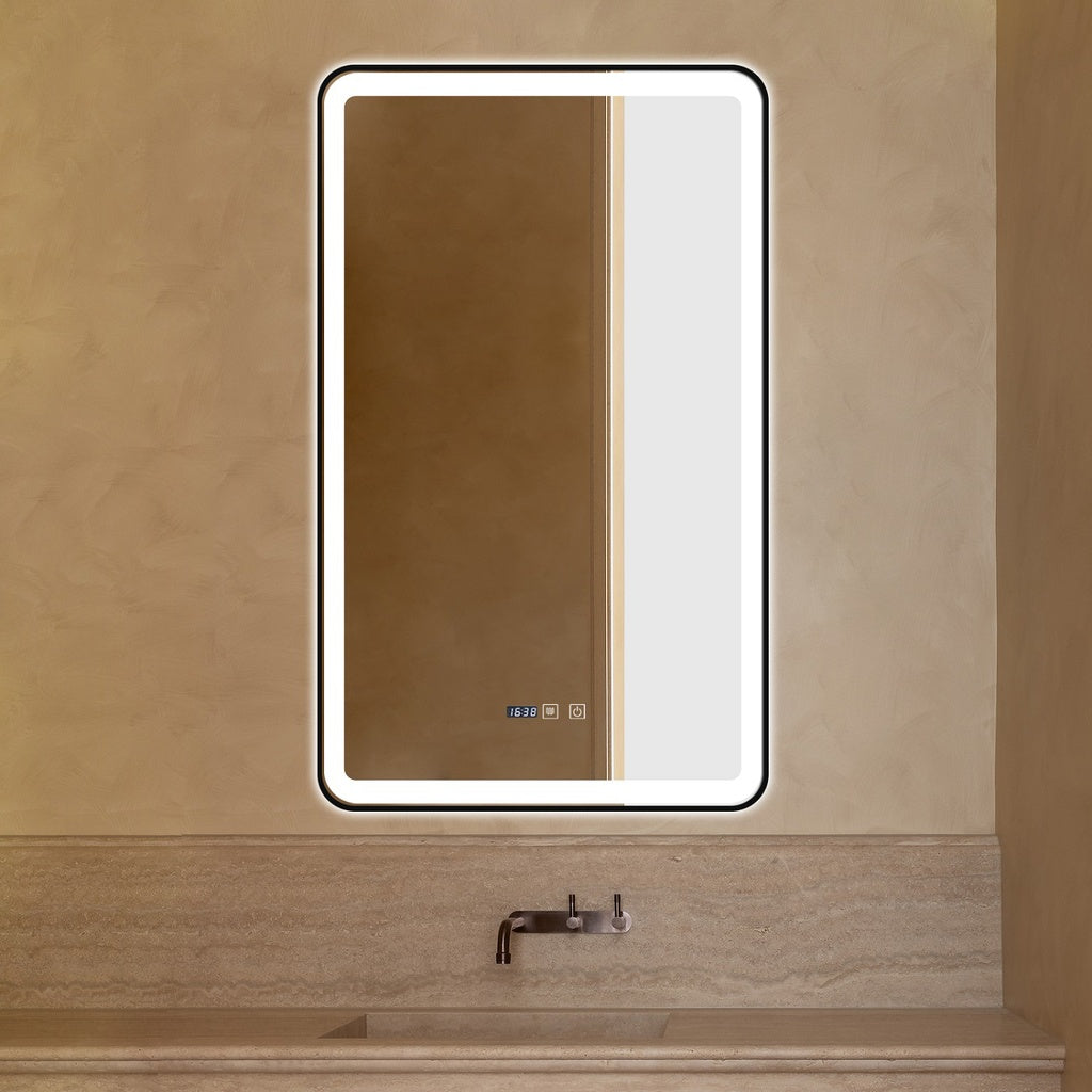 LED огледало 60x100cm с черна рамка, функция против замъгляване, Touch и часовник J38