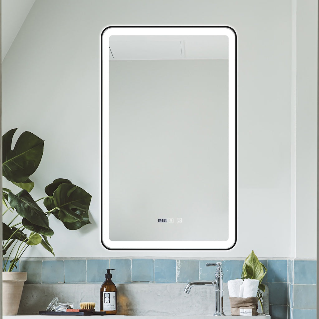 LED огледало 60x100cm с черна рамка, функция против замъгляване, Touch и часовник J38