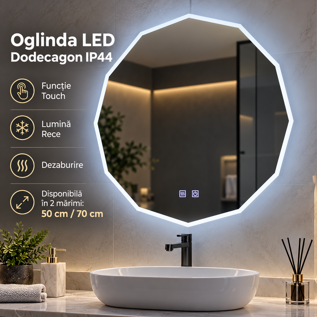LED огледало Dodecagon с функция Touch и Обезмъгляване