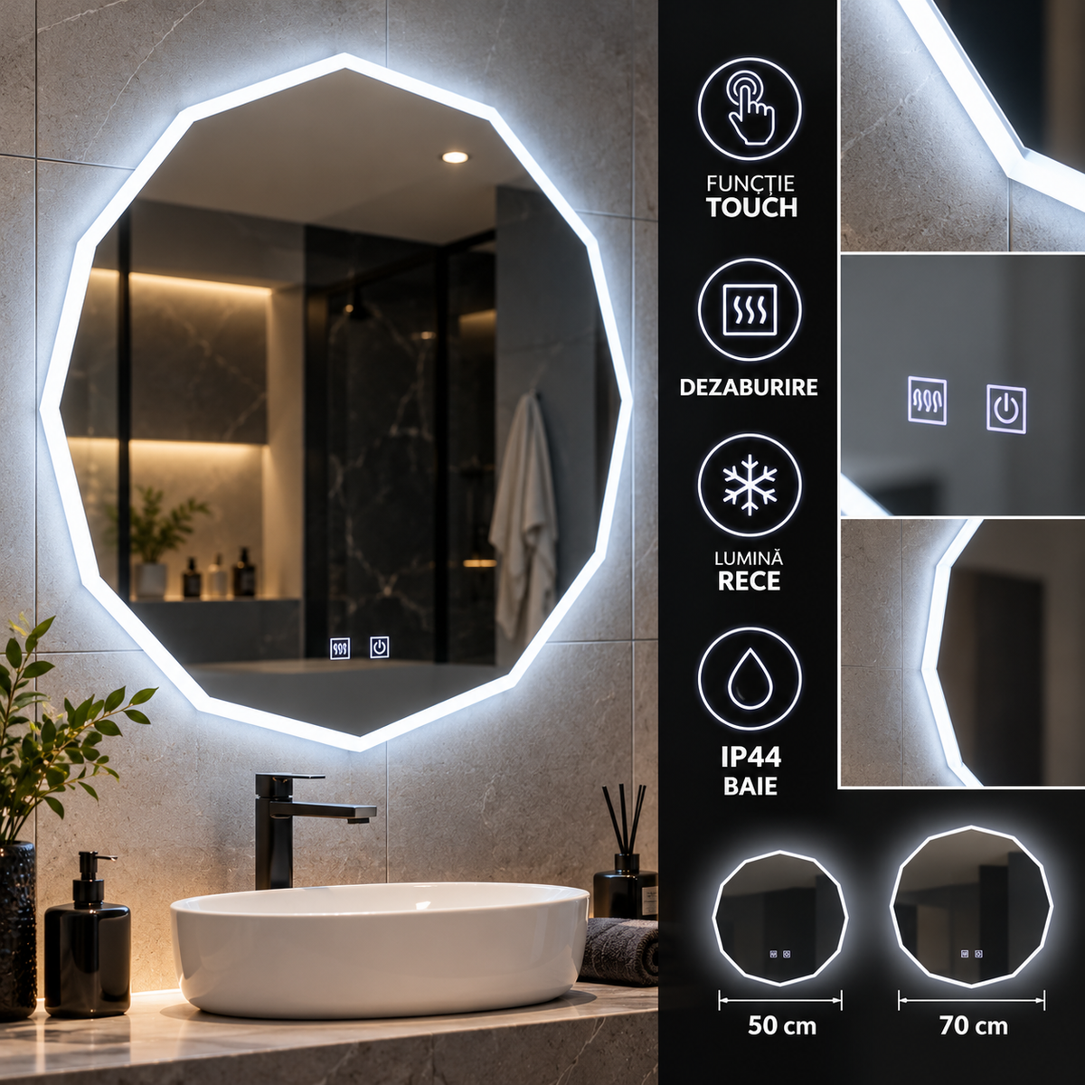 LED огледало Dodecagon с функция Touch и Обезмъгляване