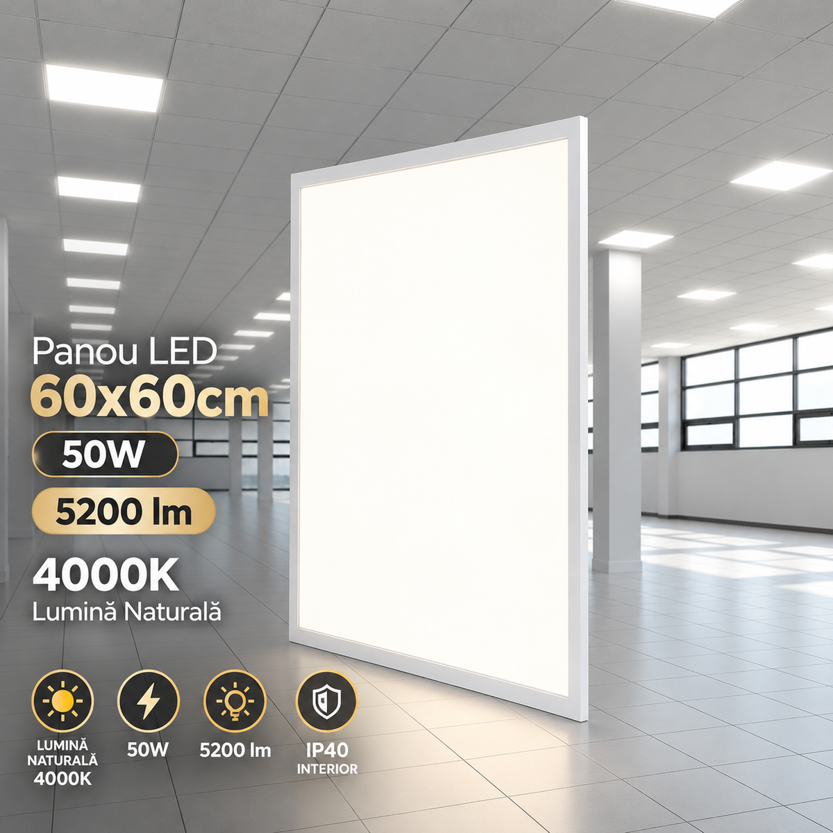 LED панел 50 W, 60 × 60 cm, IP40, 4000 K, Slim Backlight