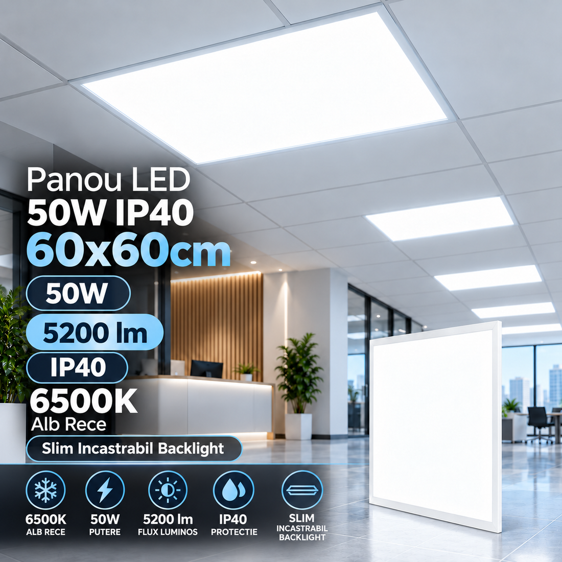 LED панел 50 W, 60 × 60 cm, IP40, 6500 K, Slim Backlight