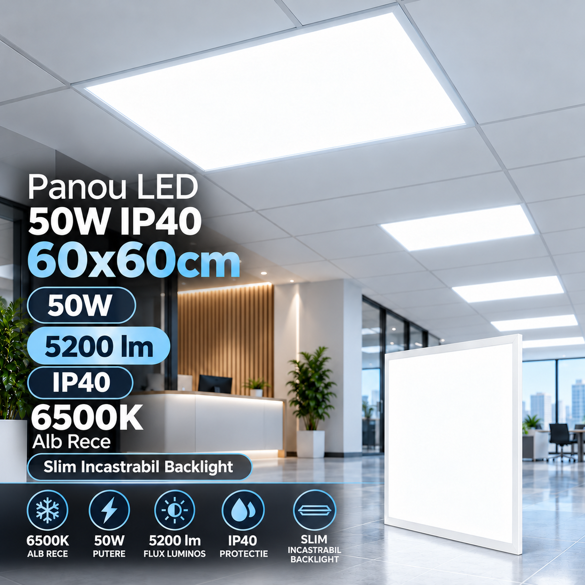 LED панел 50 W, 60 × 60 cm, IP40, 6500 K, Slim Backlight