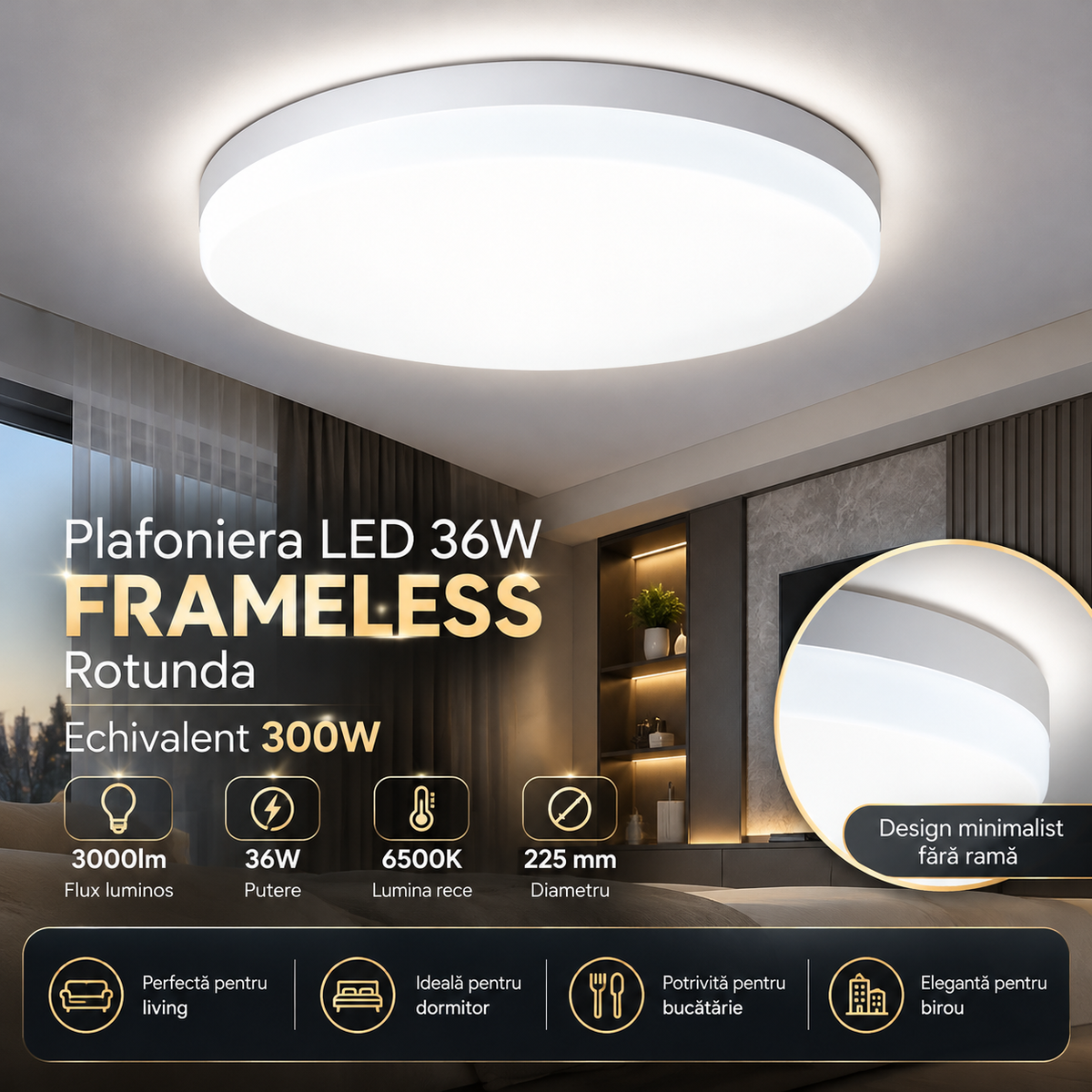 LED Плафон 36W FRAMELESS кръгъл, еквивалент 300W