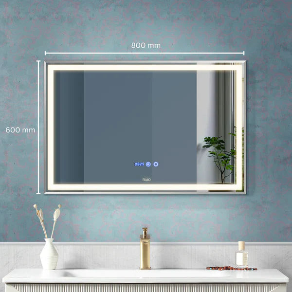 LED огледало 80x60cm сребриста рамка, сензор, против запотяване, 3 вида светлина, температура и часовник W02