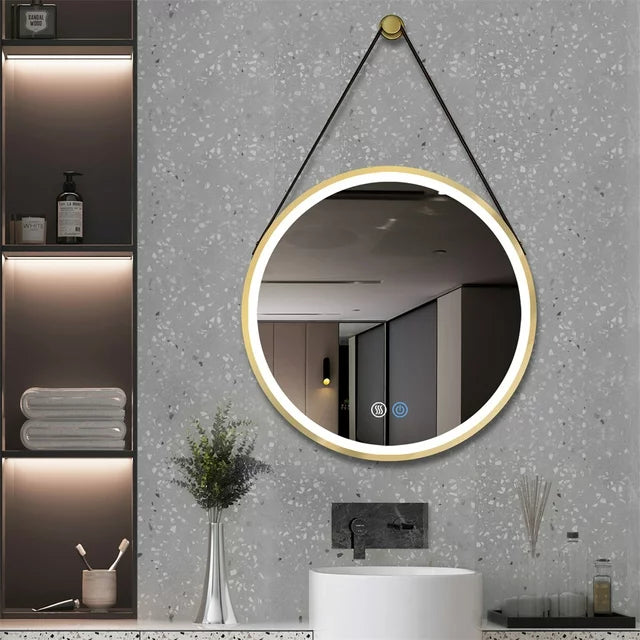 LED огледало за баня 60cm FOG GOLD Кожа+Алуминий, сензор за движение, температура, часовник и противозапотяване