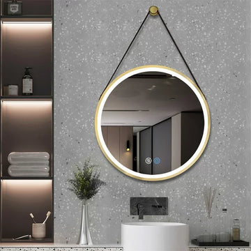 LED огледало за баня 60cm FOG GOLD Кожа+Алуминий, сензор за движение, температура, часовник и противозапотяване