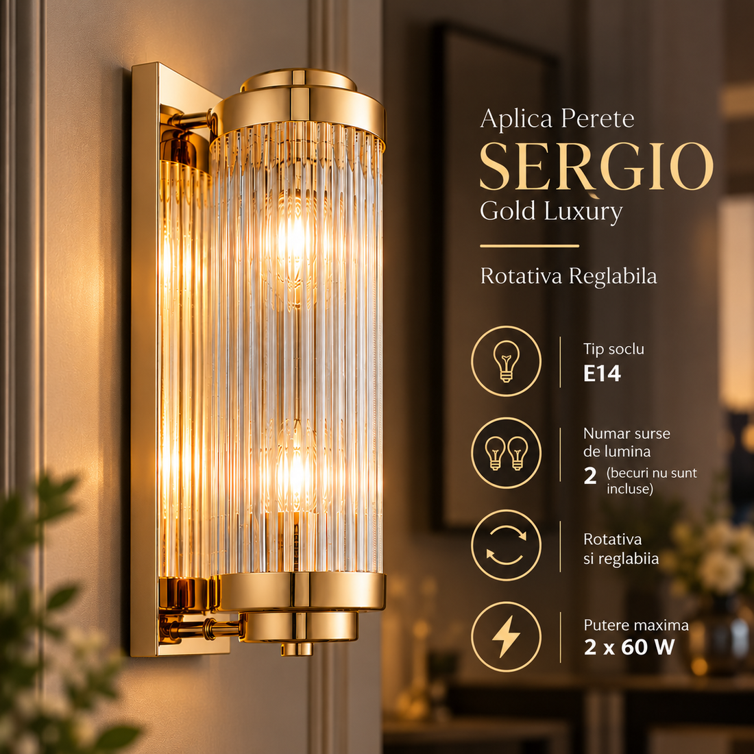 Аплик за стена Gold Luxury SERGIO, въртящ се, регулируем