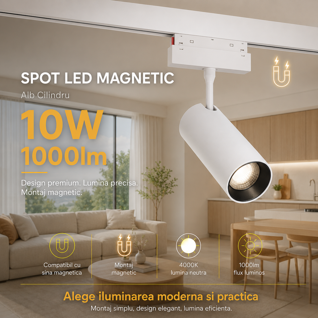 LED спот 10W магнитен бял цилиндър