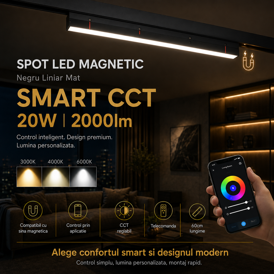LED спот 20W 60cm магнитен SMART CCT черен линеен мат дистанционно