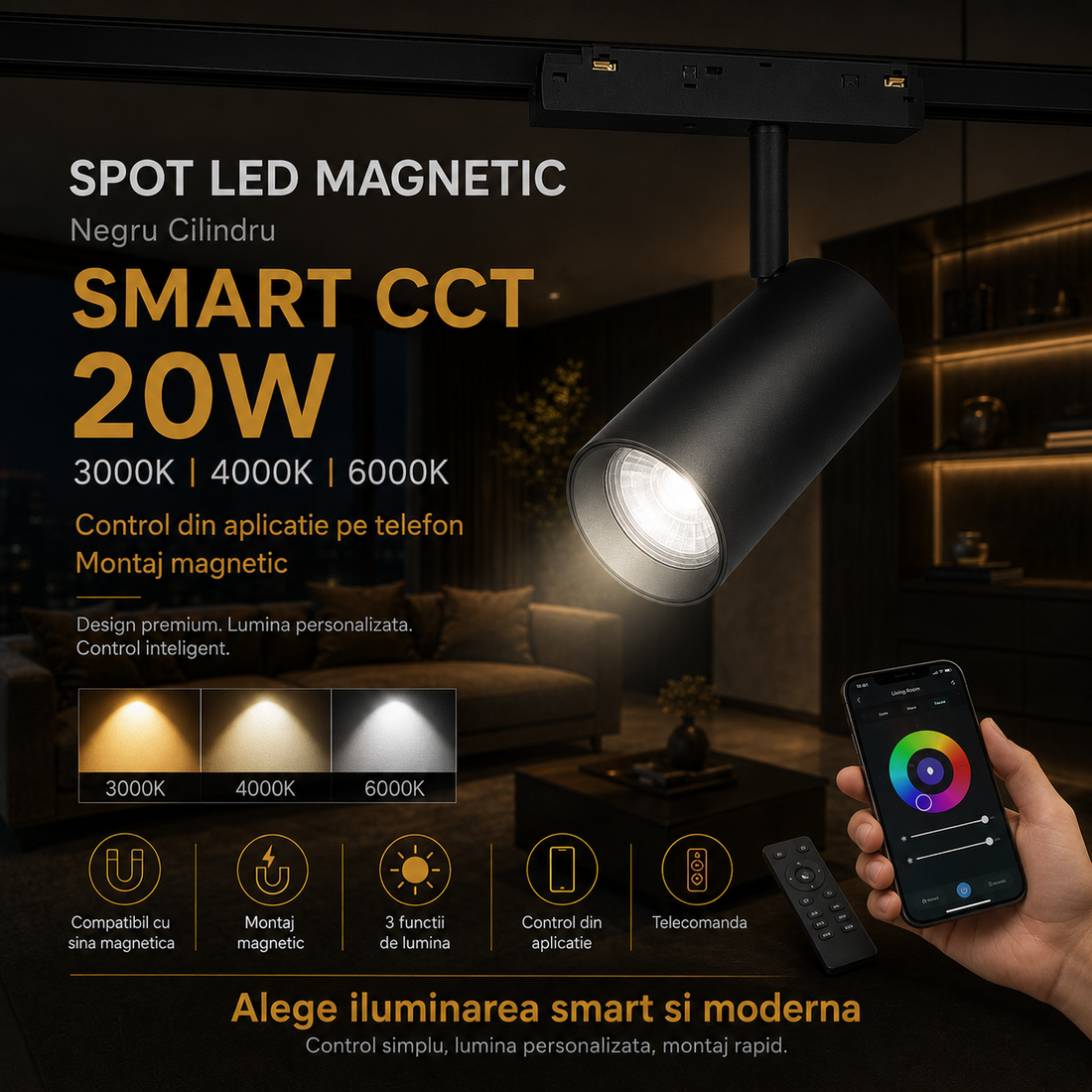 LED спот 20W магнитен цилиндър SMART CCT черен с дистанционно