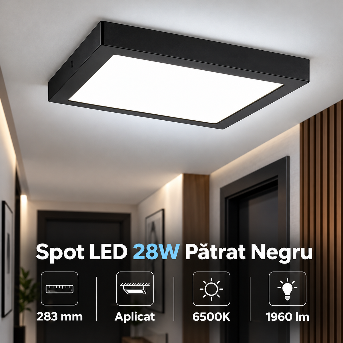 LED спот 24W квадратен черен / 283x283mm / повърхностен