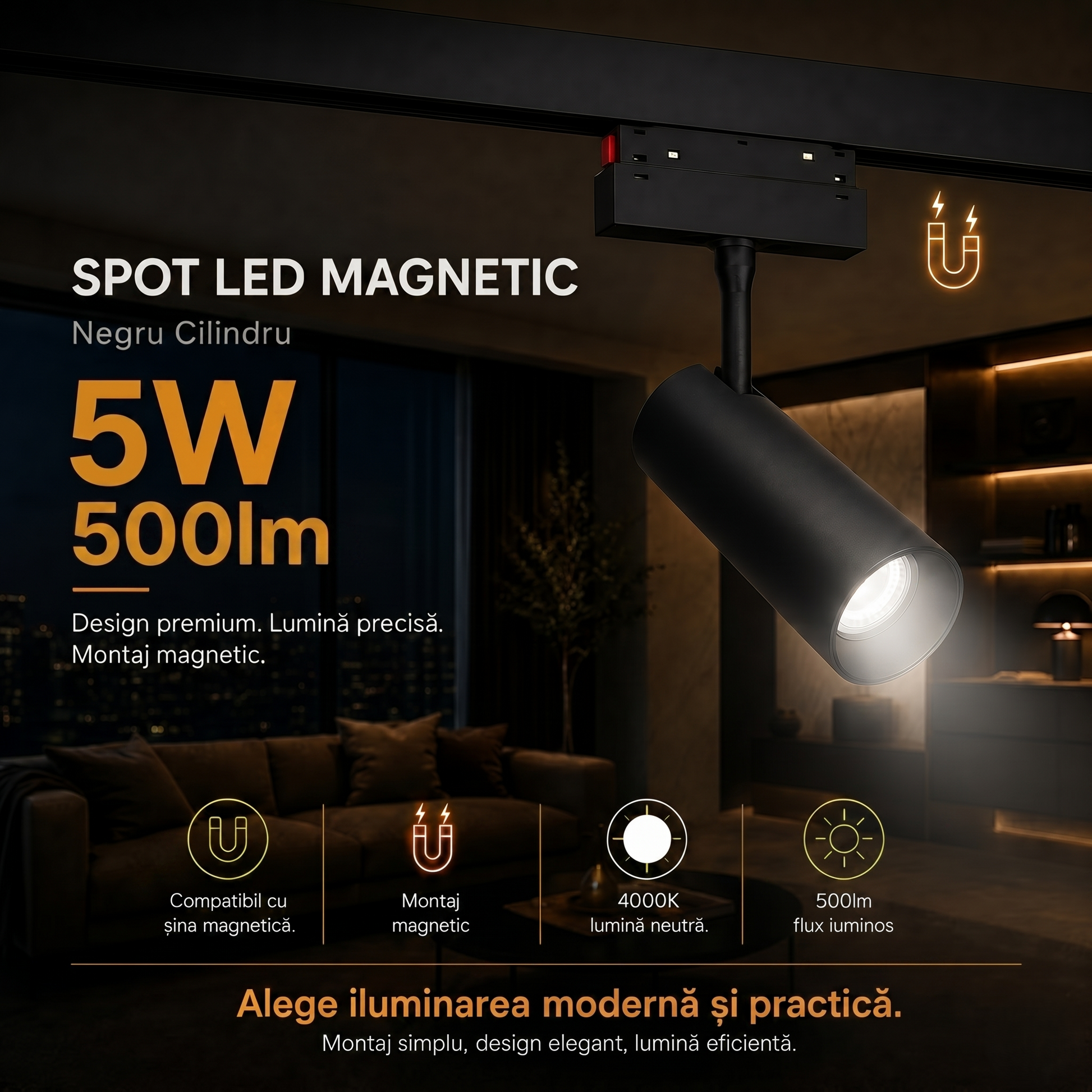 LED спот 5W магнитен черен цилиндър