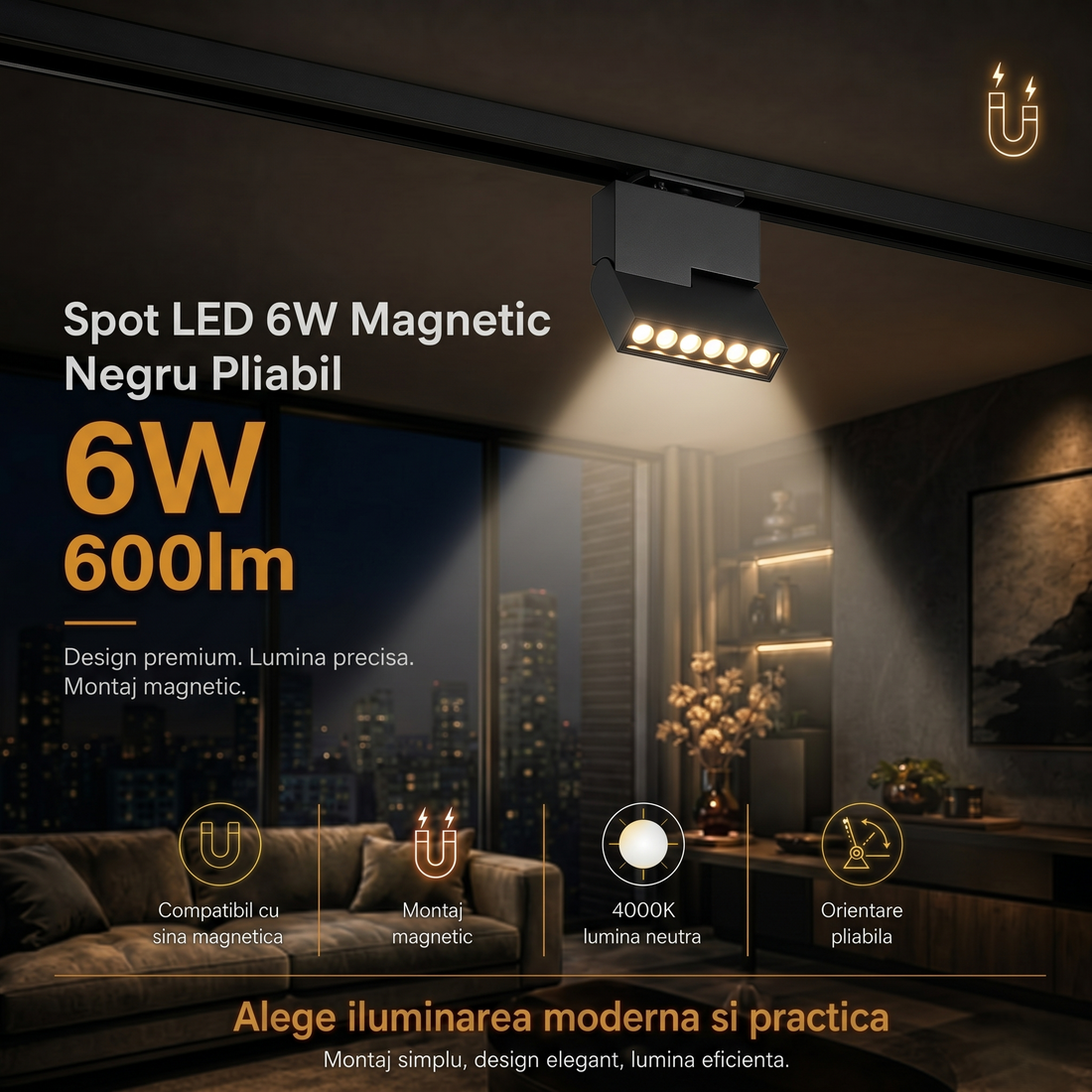 LED спот 6W магнитен черен, сгъваем