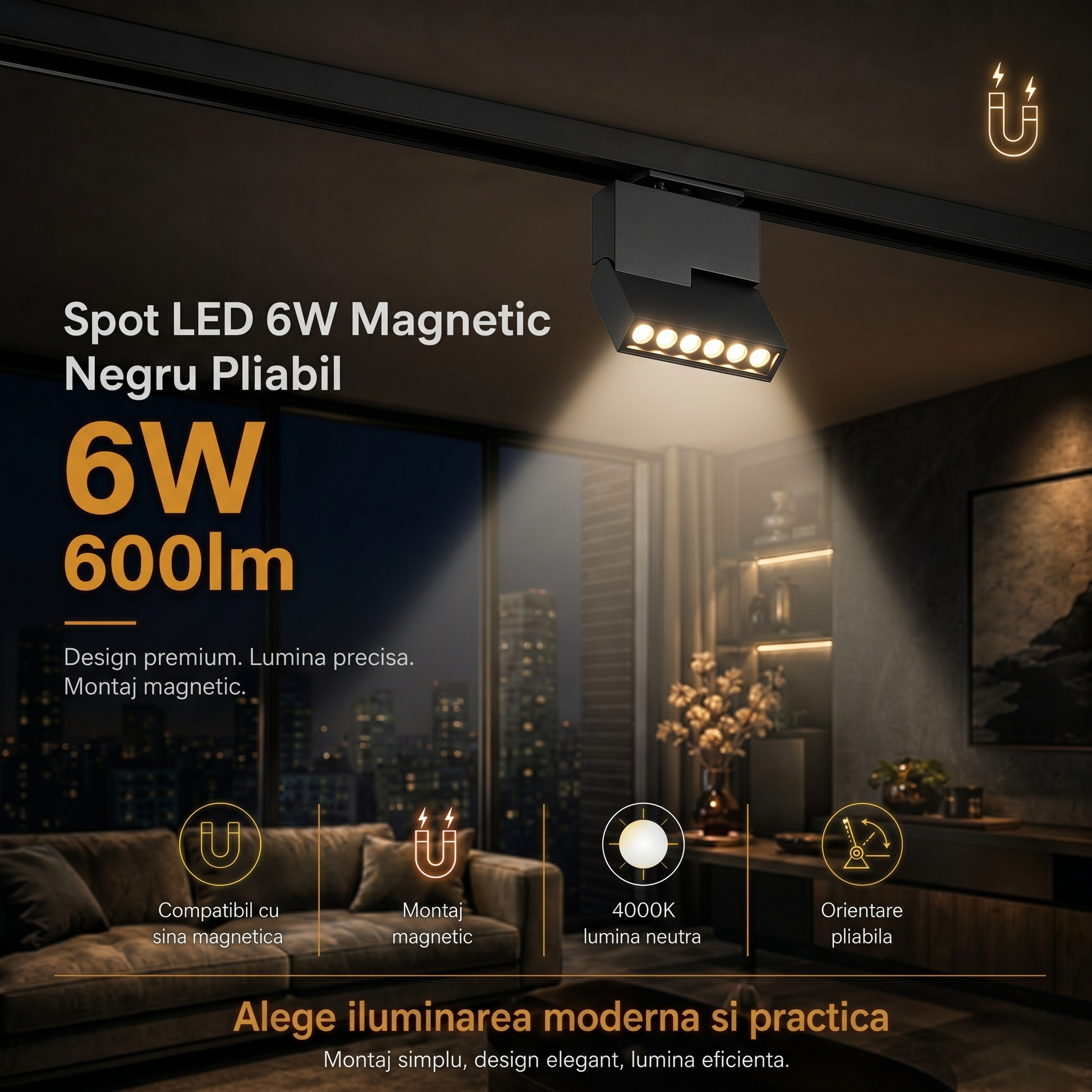 LED спот 6W магнитен черен, сгъваем