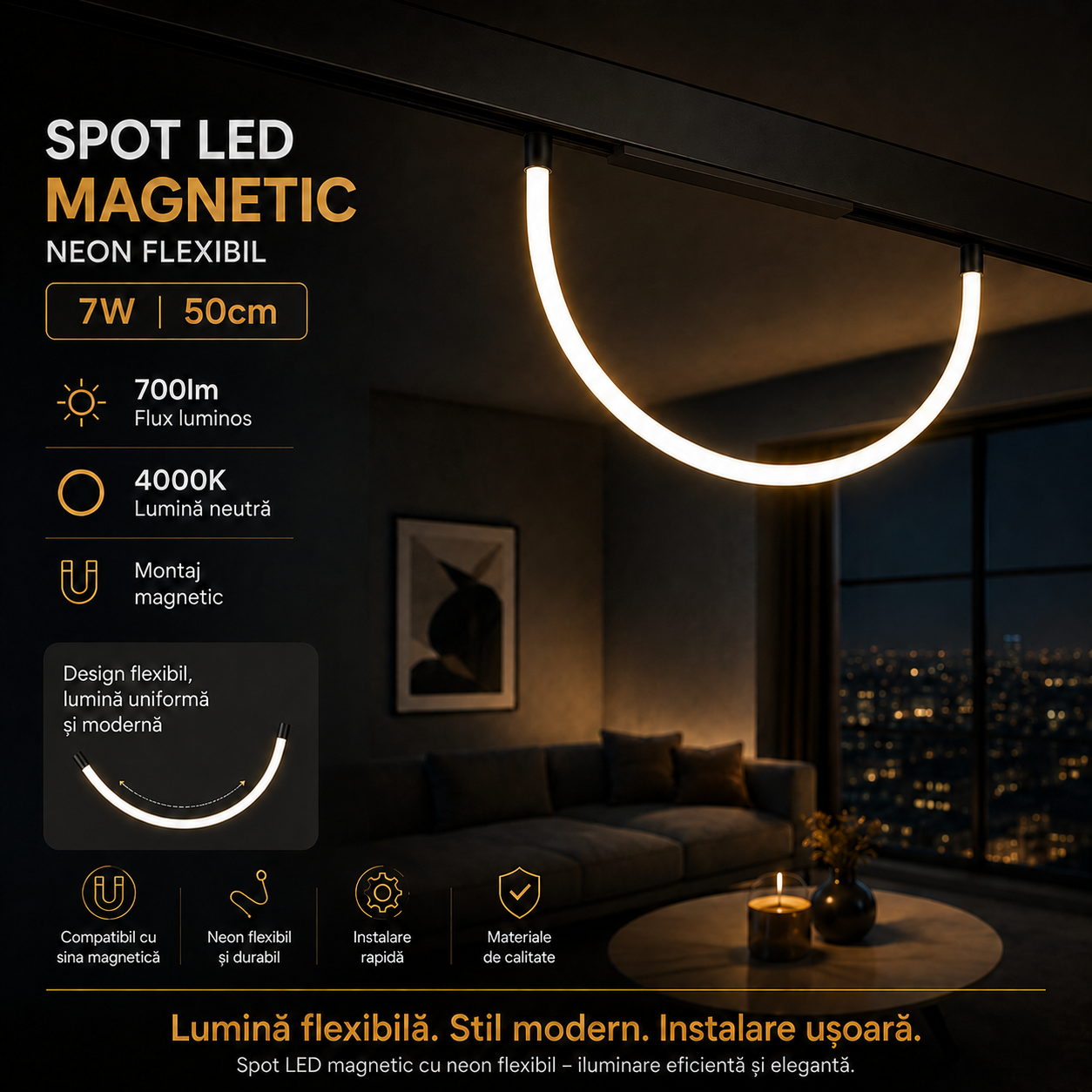 LED спот 7W 50cm магнитен черен гъвкав неон