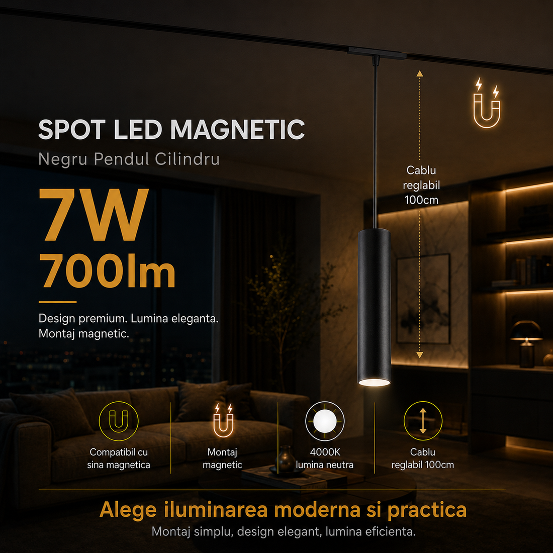 LED спот 7W магнитен пендел черен цилиндър