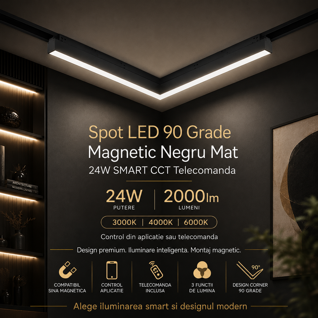 LED спот 90 градуса 24W 62cm магнитен CCT черен мат
