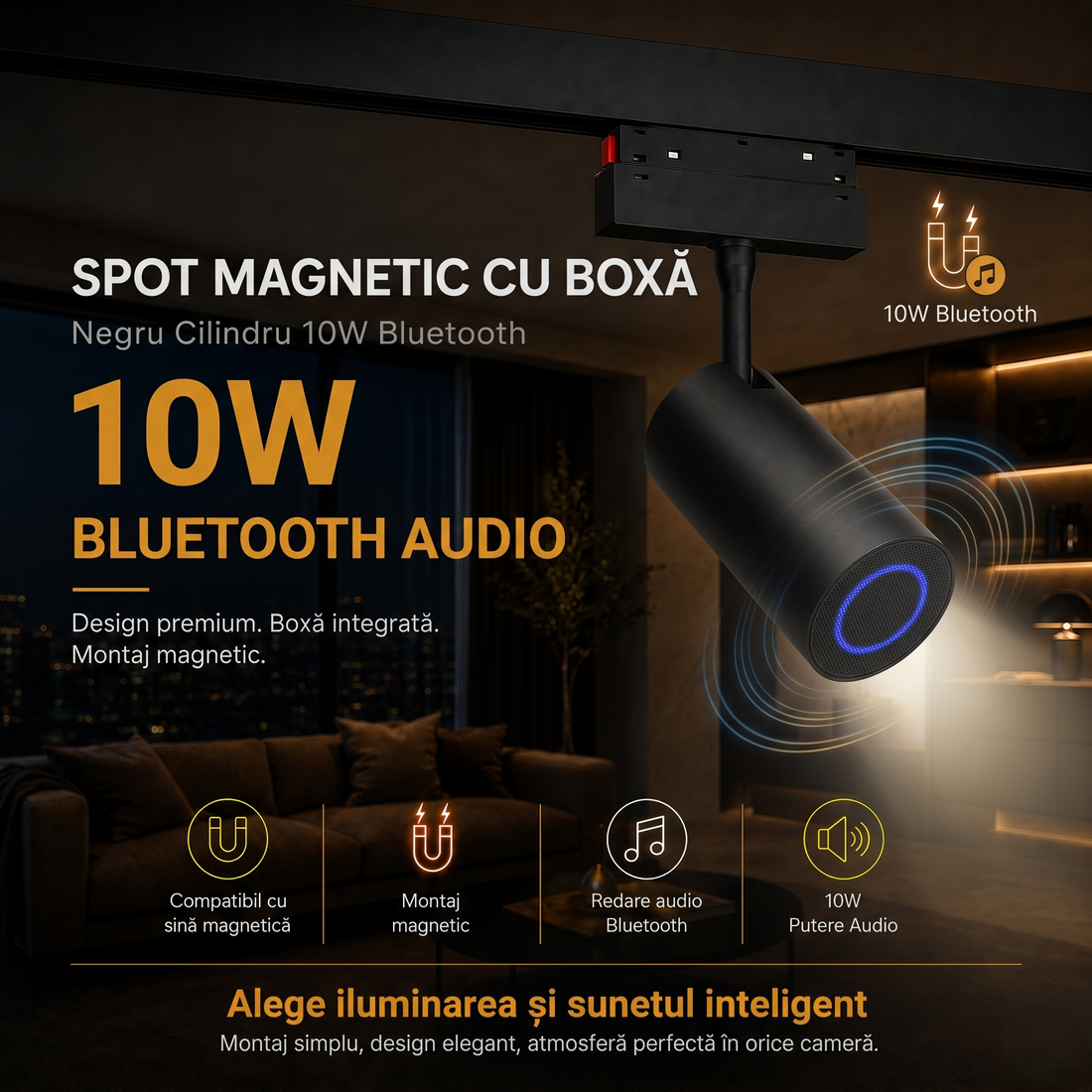 Магнитен спот черен с Bluetooth колонка 10W