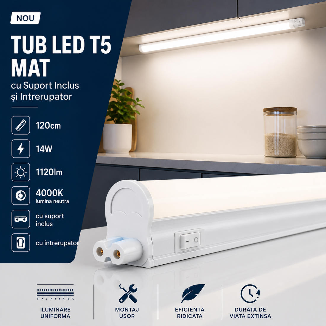 LED тръба T5 мат с включена стойка и ключ 120cm 14W