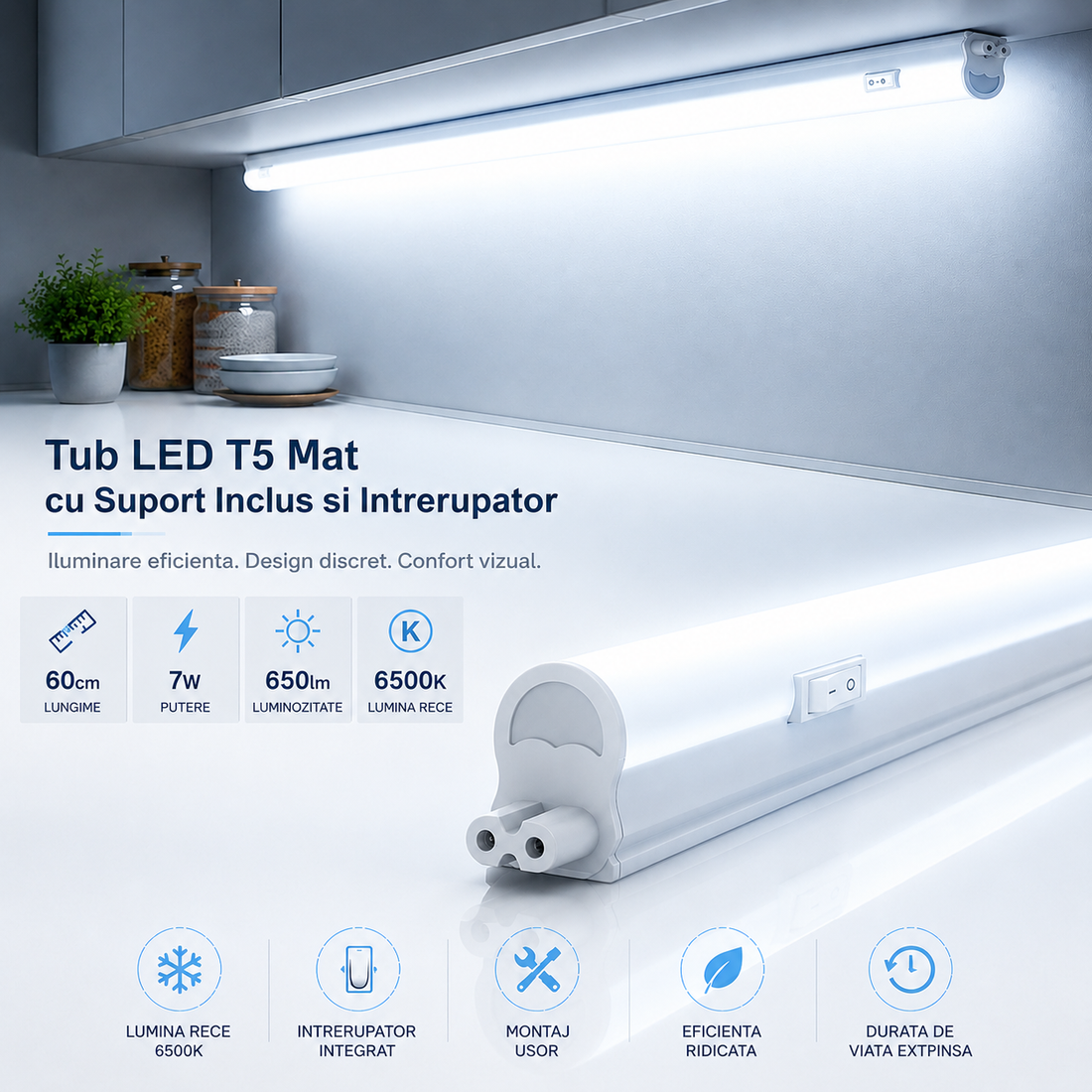 LED тръба T5 мат с включена стойка и ключ 60cm 7W