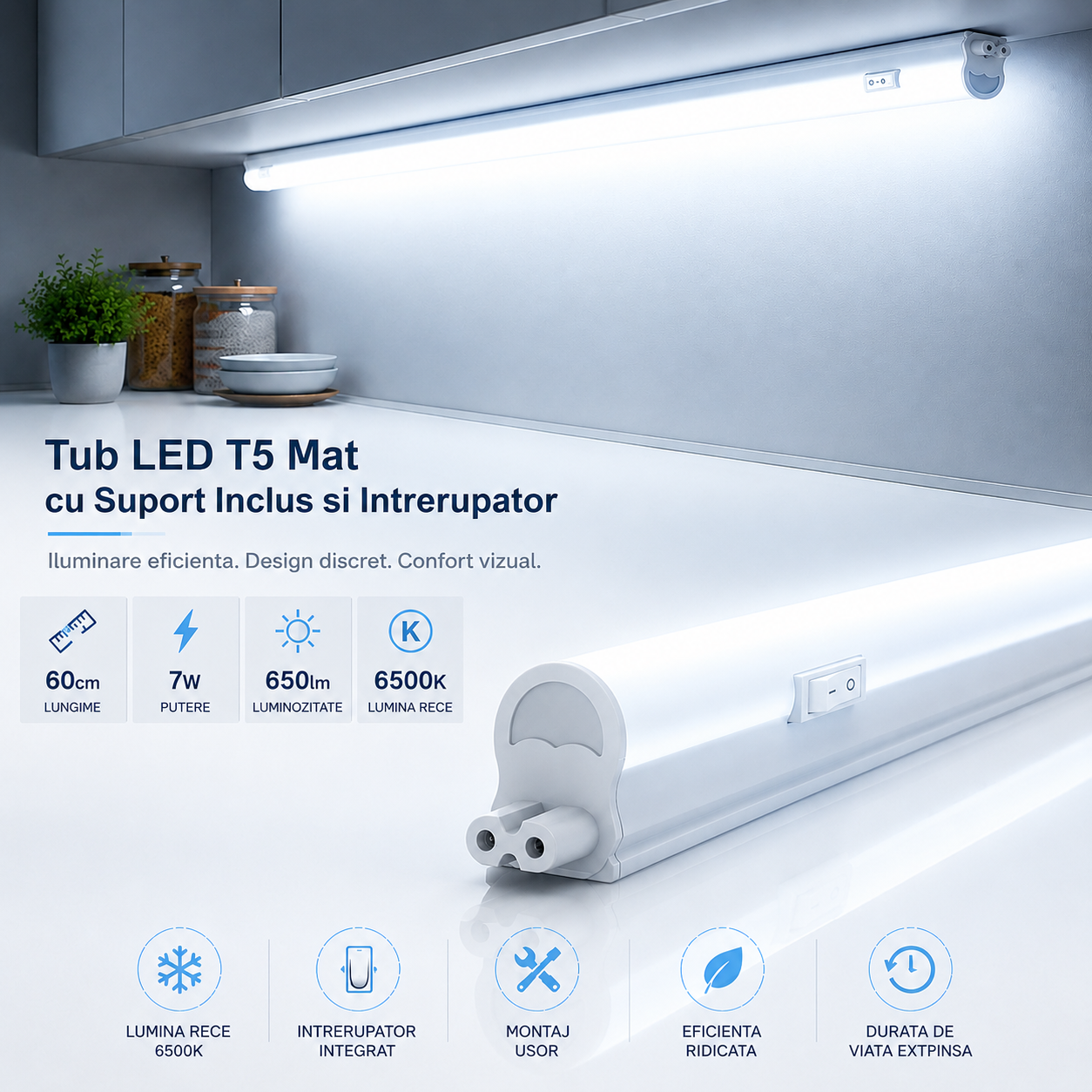 LED тръба T5 мат с включена стойка и ключ 60cm 7W