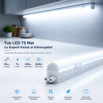 LED тръба T5 мат с включена стойка и ключ 60cm 7W