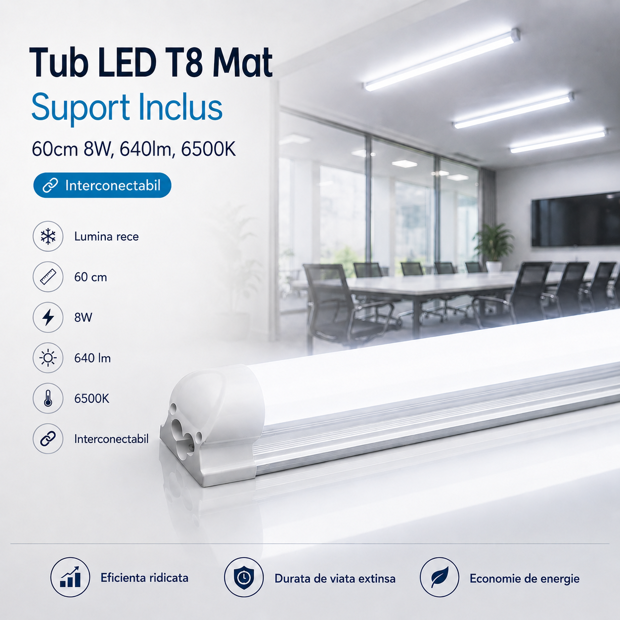 LED тръба T8 мат с включен държач 60cm 8W, свързваема