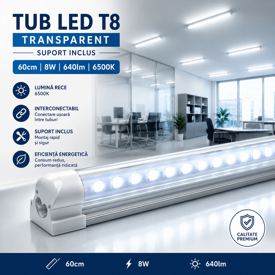 LED тръба T8 прозрачна с включен държач 60cm 8W, свързваема